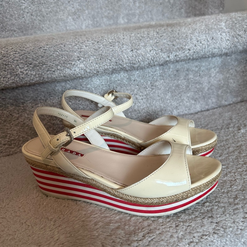 Prada Cream and Red Striped Wedge Sandals